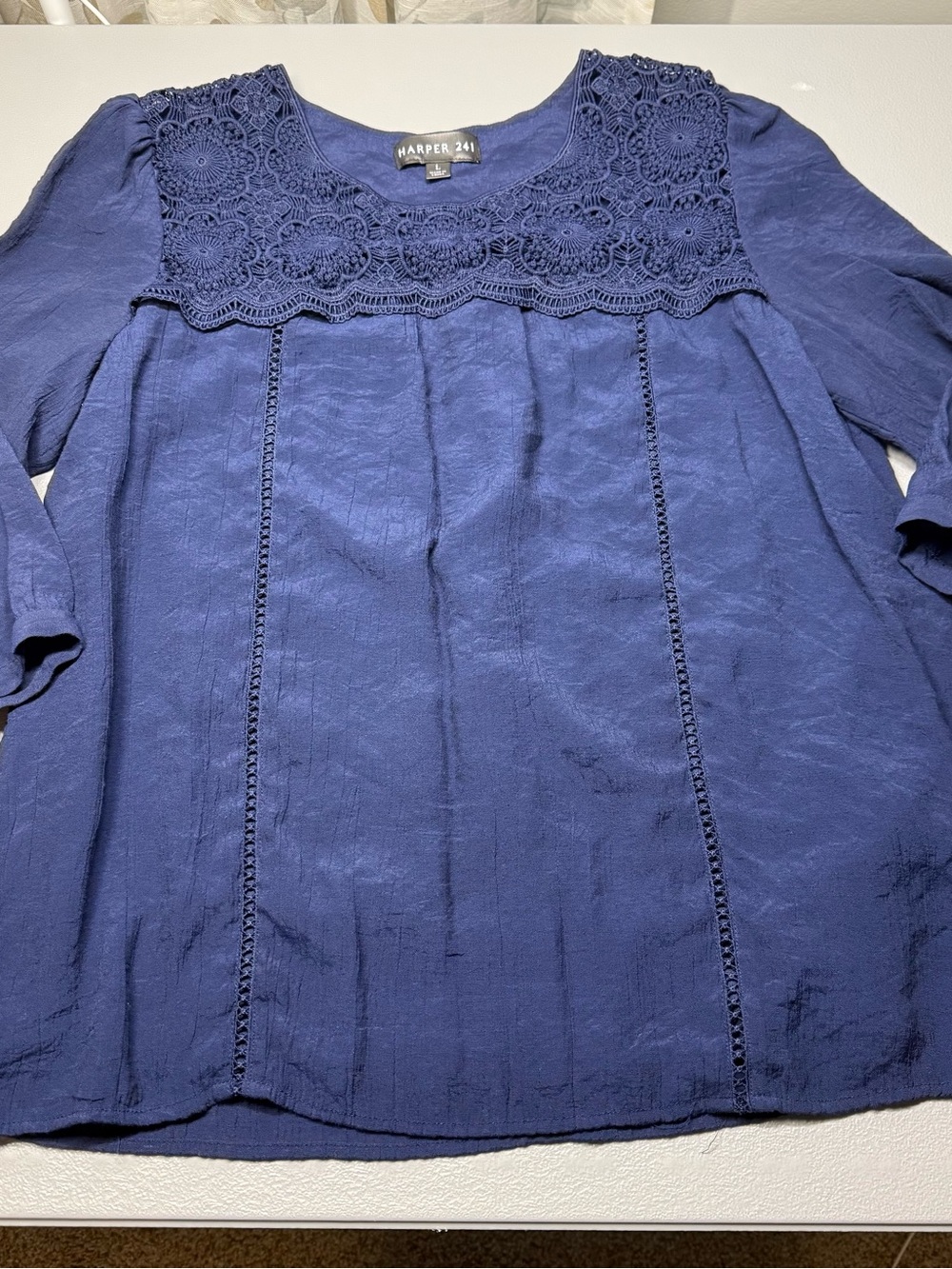 Harper Navy Blue Crochet Yoke Blouse